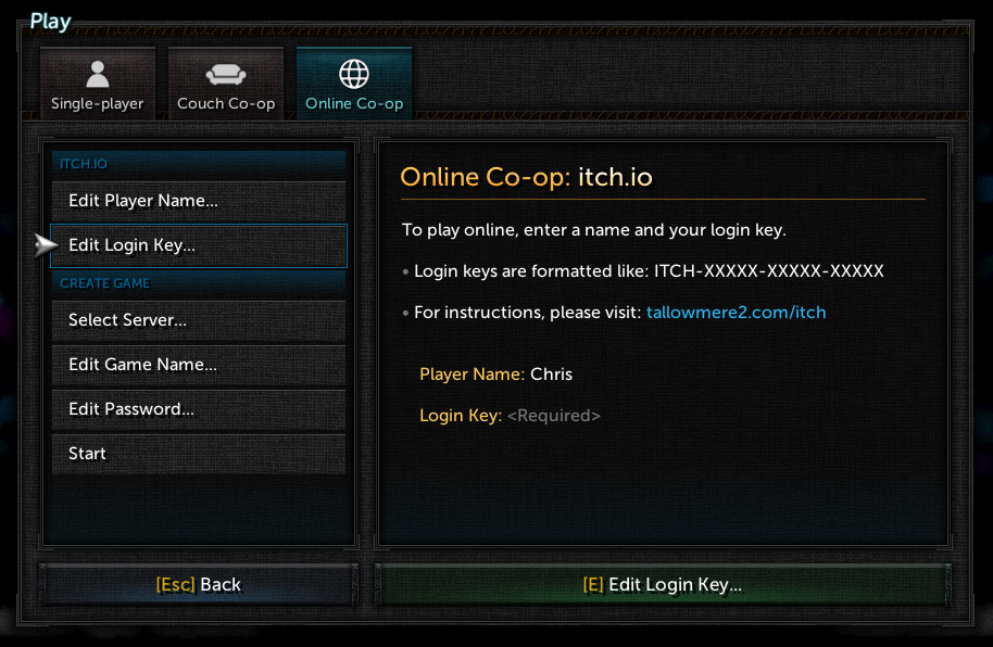 Tallowmere 2 – itch.io online co-op login key menu